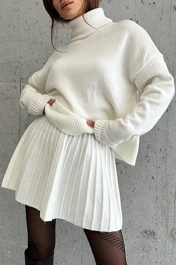 Solid Color Casual Preppy Knit Top and Knit Stretch Pleated Mini Skirt Set