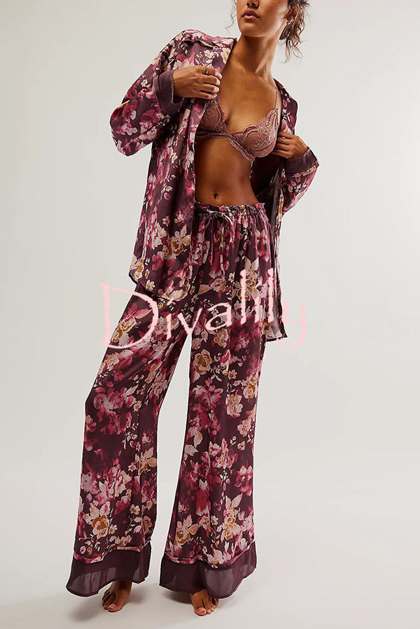 Unique Printed Lounge Long-sleeved Shirt and Elastic Waisted Baggy Pants Set