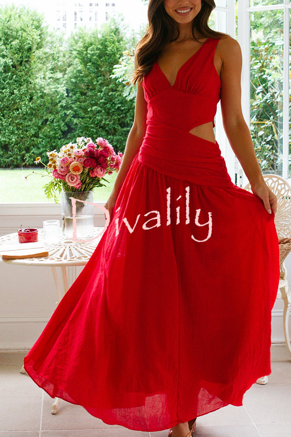 Solid Color V-neck Waist Hollow Slim Maxi Dress