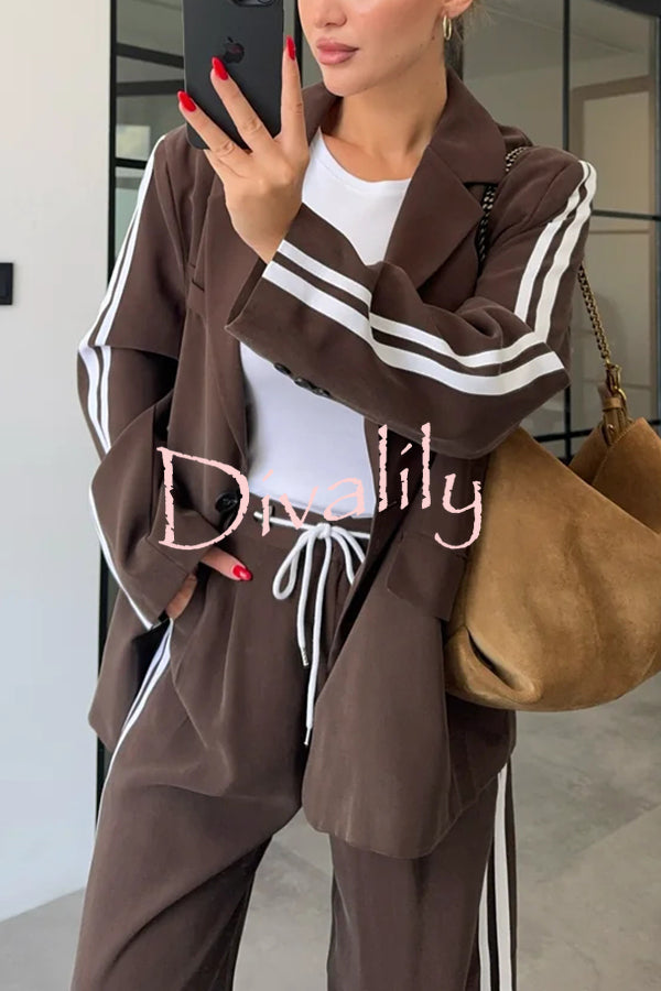 Levvie Striped Trim Long Sleeve Lapel Blazer and Rope Belt Pocketed Wide Leg Pants Set