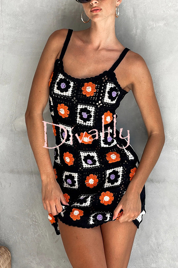Embroidered Floral Strappy Knitted Mini Dress