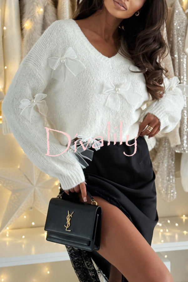 Gentle Winter Knit Tulle Bows Design Long Sleeve Relaxed Sweater