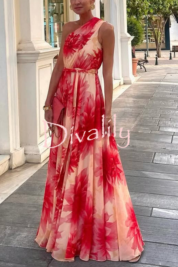 Floral Print One Shoulder Waist Tie Full Hem Resort Style Maxi Dress