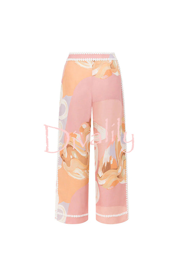 European Summer Linen Blend Ric Rac Trims High Rise Pocket Loose Pants