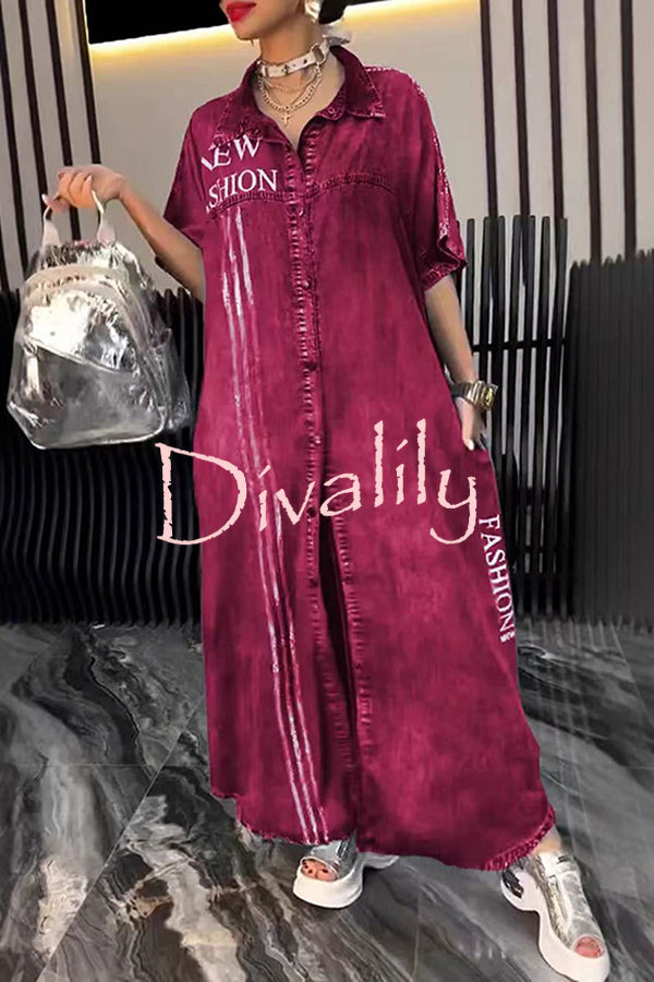 Fashion Letter Print Lapel Cardigan Loose Maxi Dress