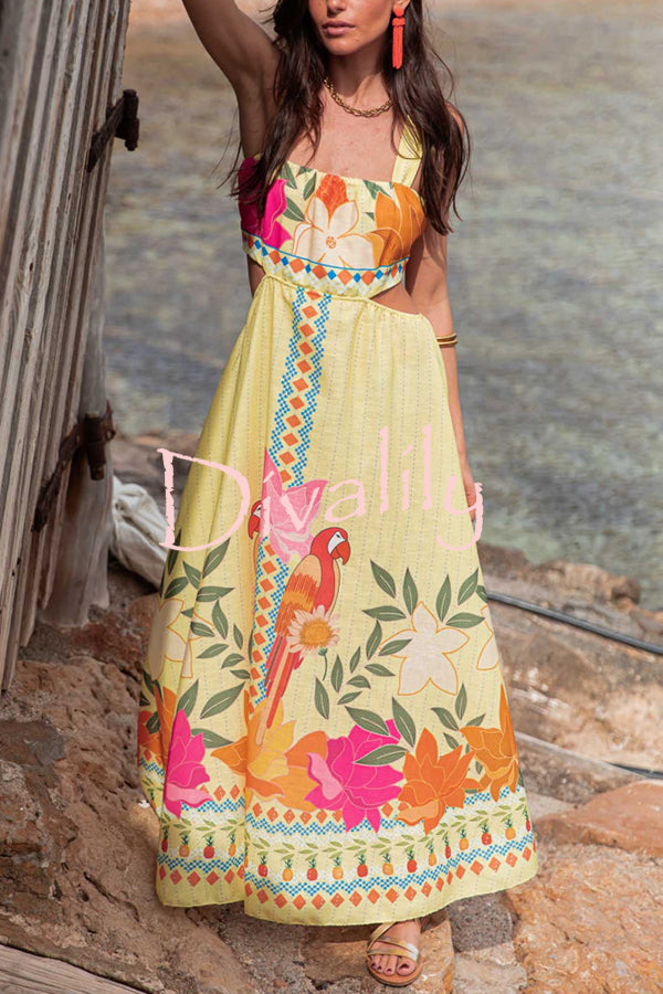 Resort Style Unique Print Sexy Square Neck Backless Waist Maxi Dress