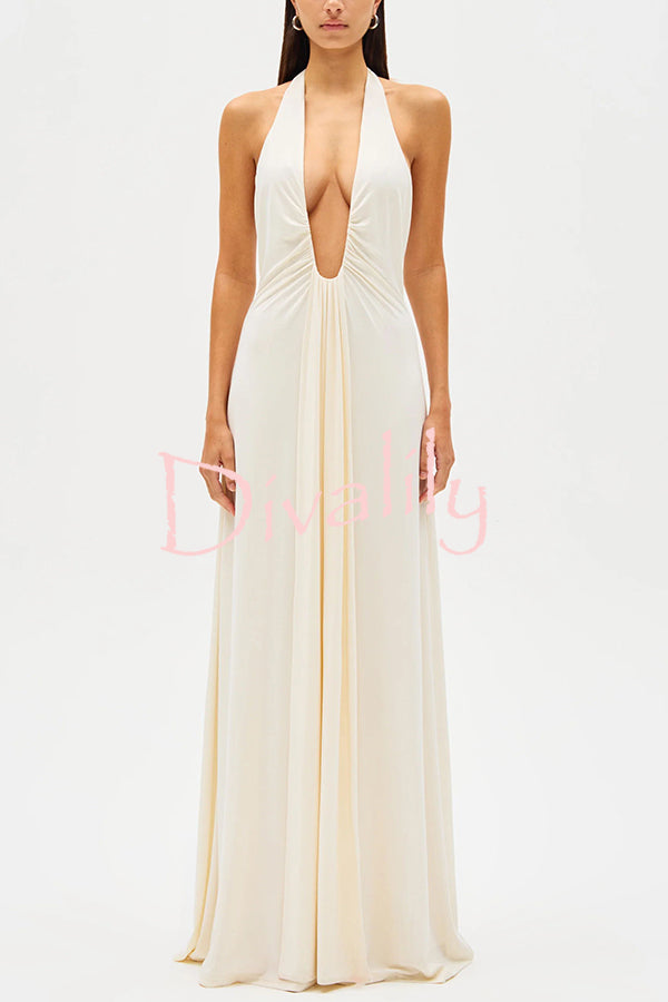 Sexy Silhouette Deep U-neck Halter Waterfall Sash Drape Maxi Dress