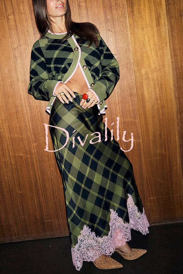 Holiday Plaid Knit Color-blocked Trim Button Long-sleeved Loose Cardigan