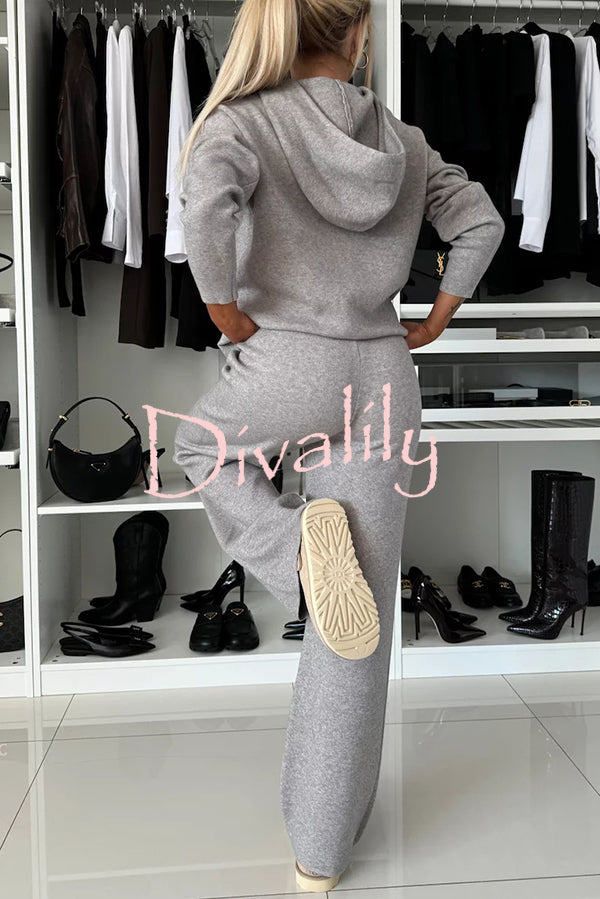 Solid Color Loose Hooded Tie Sweatshirt and Elastic Waist Casual Straight Pants Set