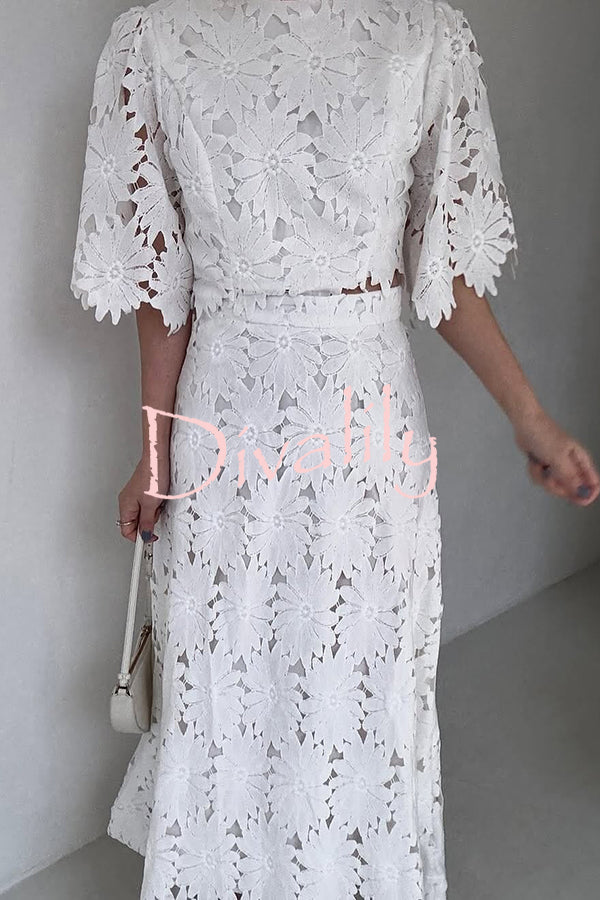 Elegant Embroidered Hollow Flowers Bell Sleeve Top and Full Hem Maxi Skirt Set