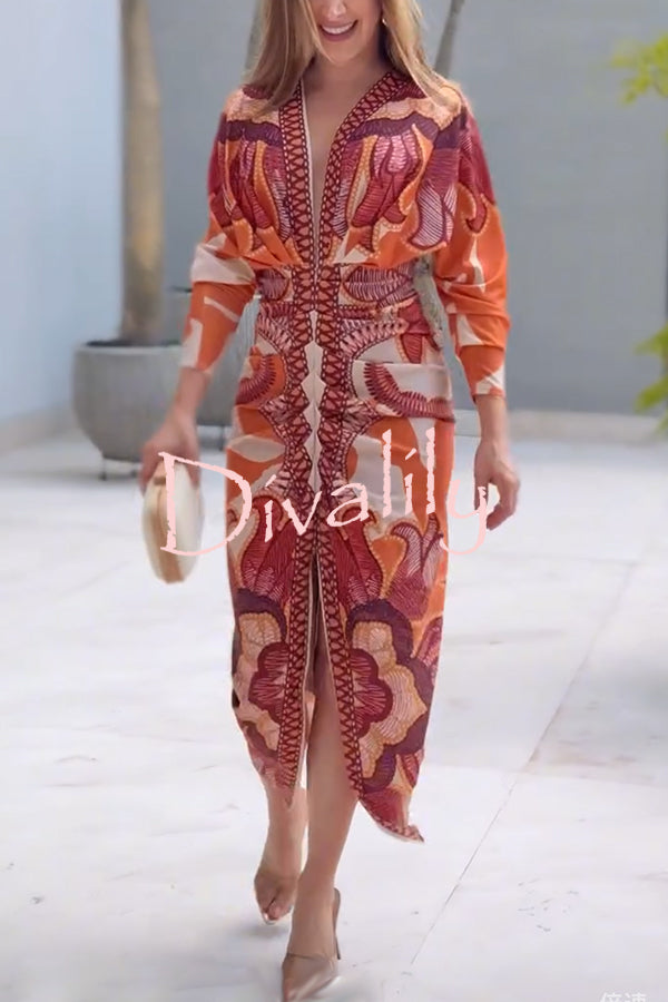 Brazilian Style Unique Print Dolman Long Sleeve Ruched Slit Midi Dress