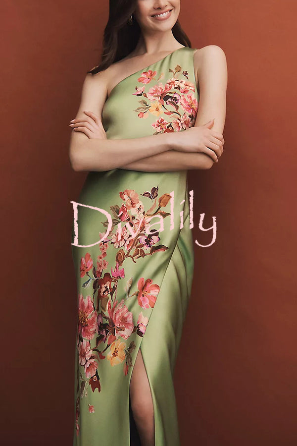 Wedding  Guest Satin Floral Print One Shoulder Side Slit Maxi Dress