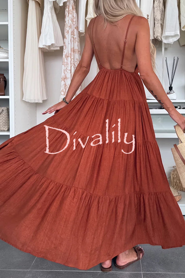 Bohemian Style V-neck Backless Slip Layered Vacation Maxi Dress
