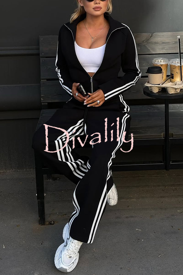Fashionable Sports Style Striped Long-sleeved Jacket and Elastic Waist Casual Pants Set