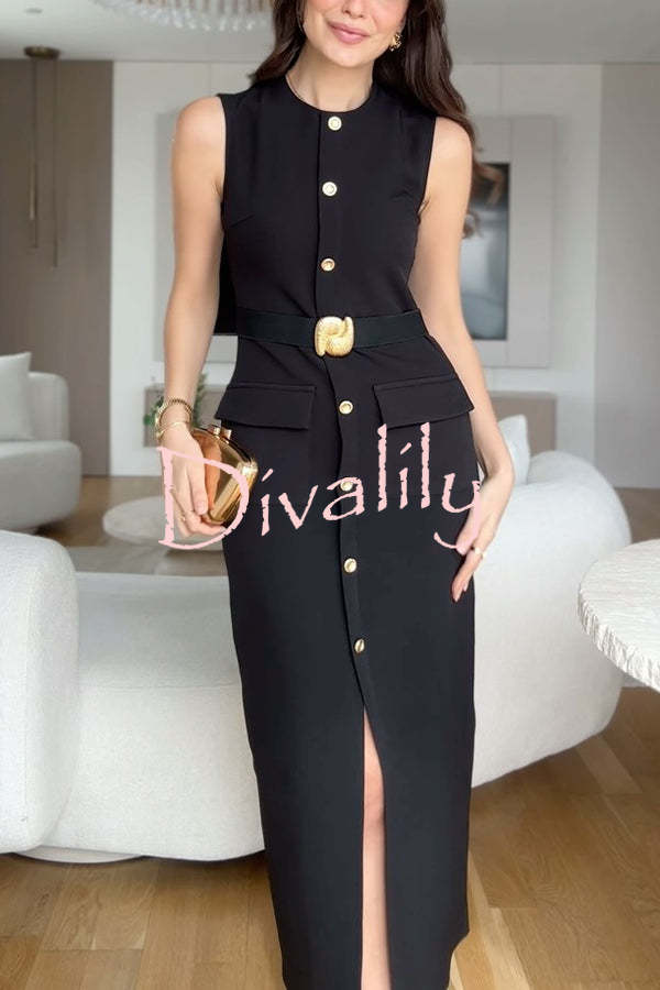 Danina Button Up Sleeveless Metal Belted Pocket Stretch Midi Dress