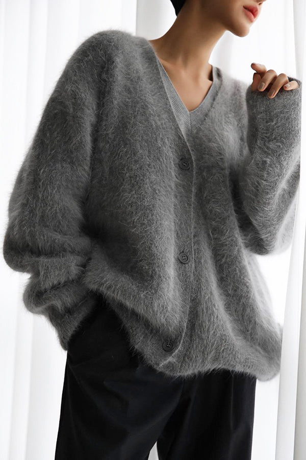 Solid Color Loose V-neck Long-sleeved Lazy Knitted Cardigan