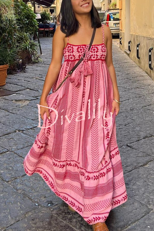 Unique Printed Patchwork Fringed Lace-up Maxi Dress