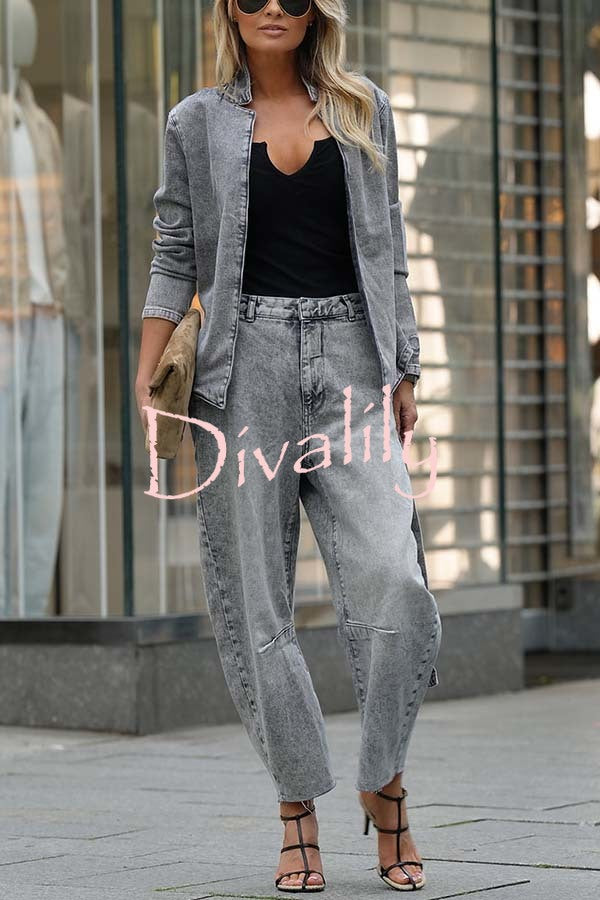 Casual Meetup Denim Stand Neck Long Sleeve Belted Loose Jacket