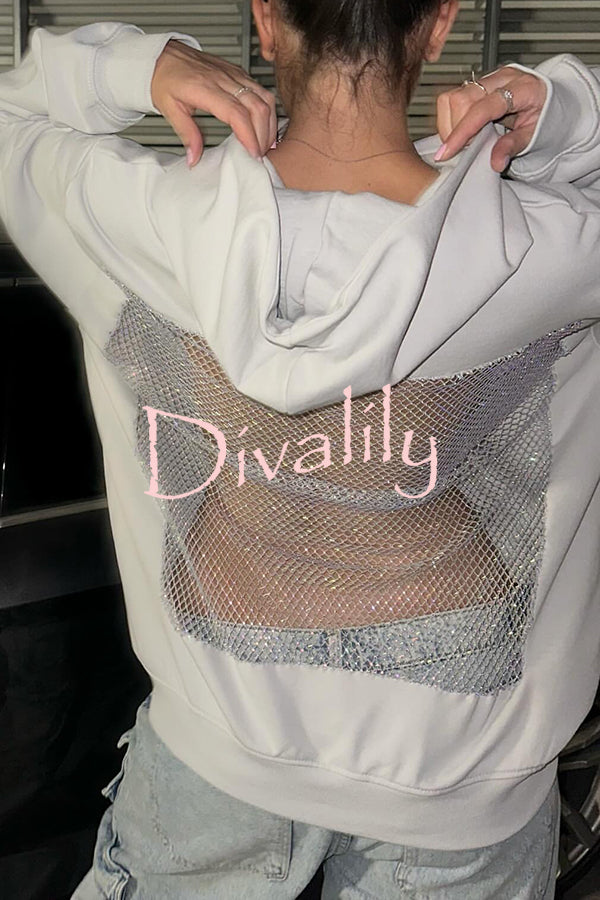Fashionable Shiny Mesh Hollow Back Loose Long-sleeved Hooded Sweatshirt