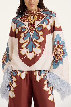 Bohemian Dreams Unique Print High Neck Feather Trim Bell Sleeve Top