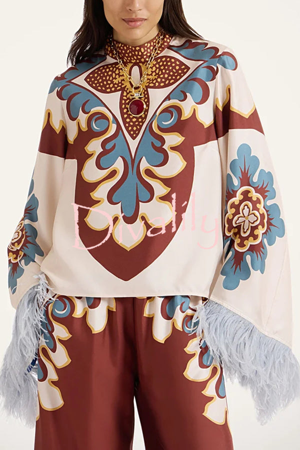 Bohemian Dreams Unique Print High Neck Feather Trim Bell Sleeve Top