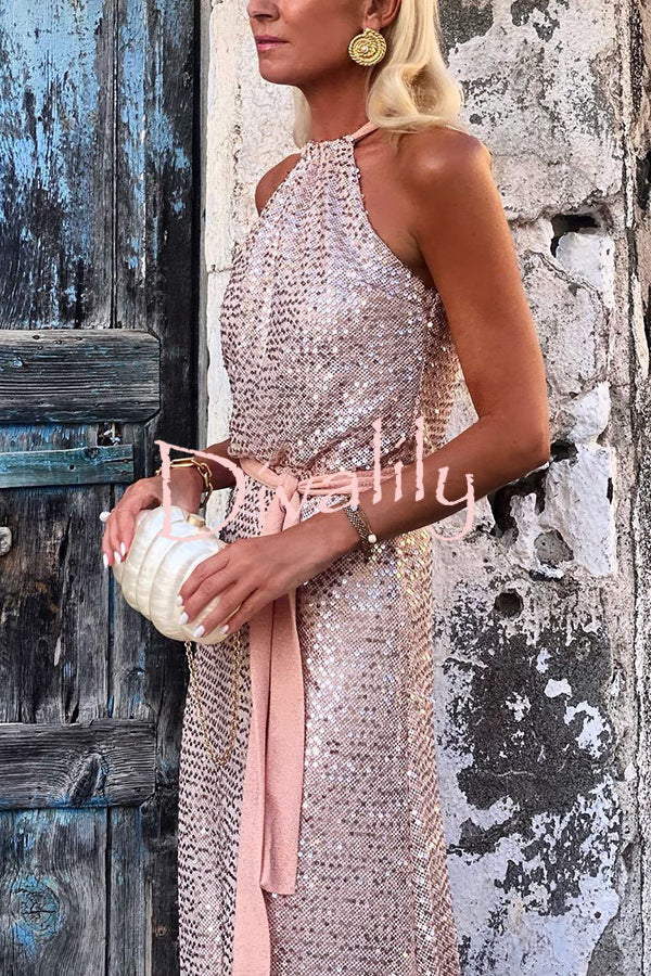 Evenings on The Island Sequin Halter Neck Belted Loose Maxi Dress