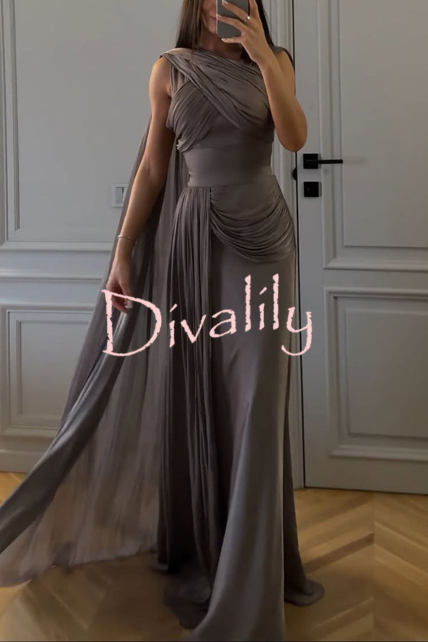 Solid Color Satin Sleeveless Waist Elegant Pleated Ribbon Maxi Dress