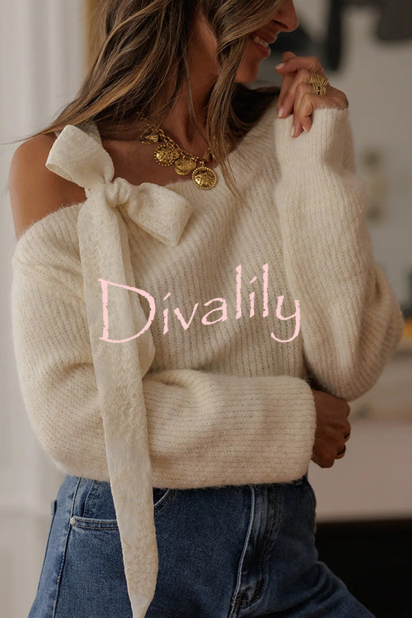 Solid Color Bow Tie Long-sleeved Casual Knit Sweater