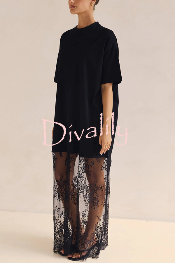 Ophelia Short Sleeve Sheer Floral Lace Hem Oversized T-shirt Maxi Dress