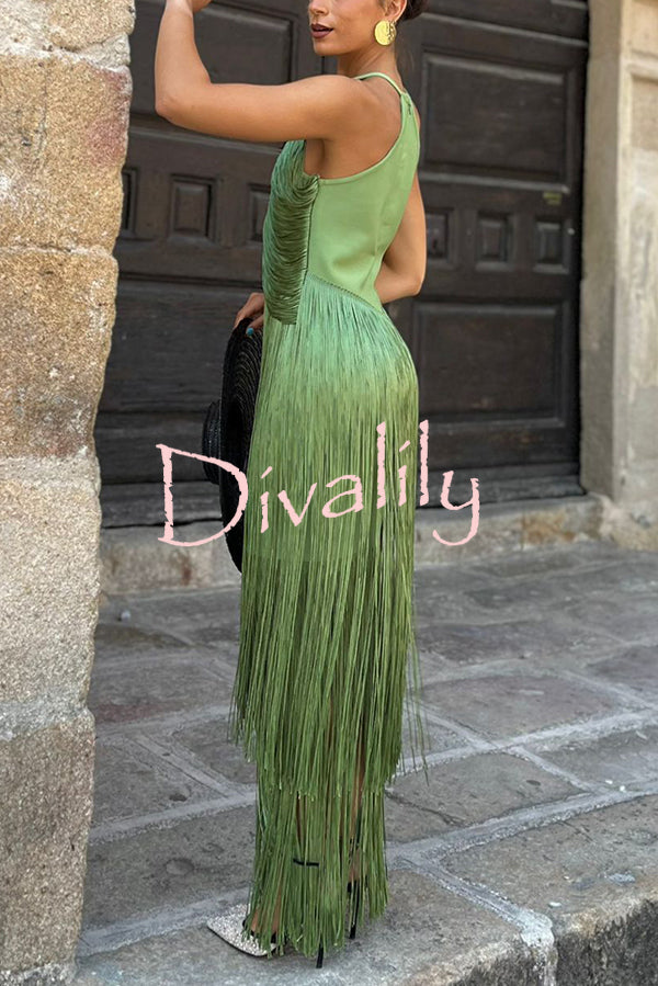 Fashion Sleeveless Halter Neck Elegant Tassel Slim Maxi Dress