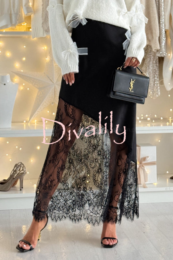 Gentle Winter Satin Lace Patchwork High Rise Elastic Waist Maxi Skirt