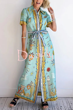 Deep Sea Dreaming Linen Blend Unique Print Short Sleeve Tie-up Shirt Maxi Dress