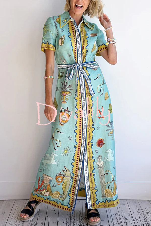 Deep Sea Dreaming Linen Blend Unique Print Short Sleeve Tie-up Shirt Maxi Dress