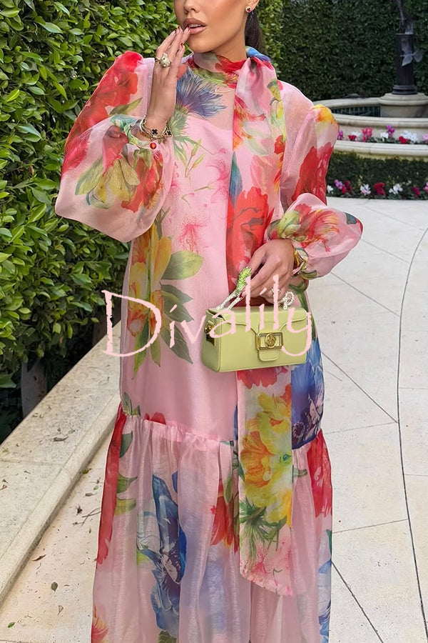 Garden Blooms Organza Floral Print Tie-up Neck Balloon Sleeve Loose Maxi Dress