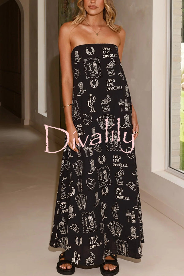 Unique Print Strapless Open Back Full Hem Maxi Dress
