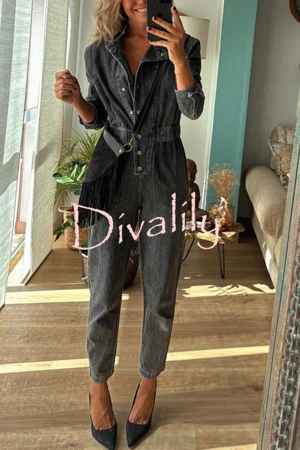 Carey Denim Button Up Long Sleeve Elastic Waist Pocketed Loose Jumpsuit