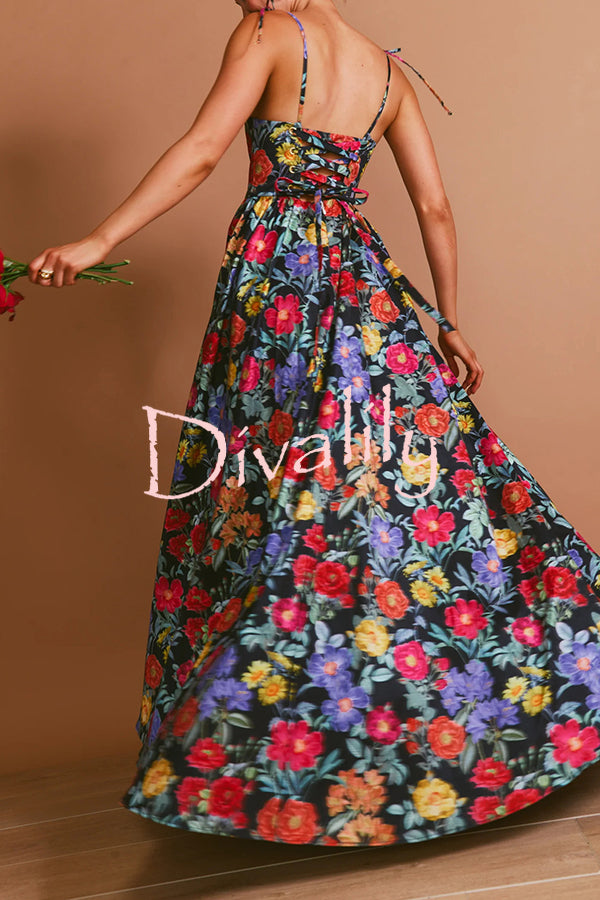 Garden Wedding Floral Print Back Tie-up Pocketed Slit Maxi Dress