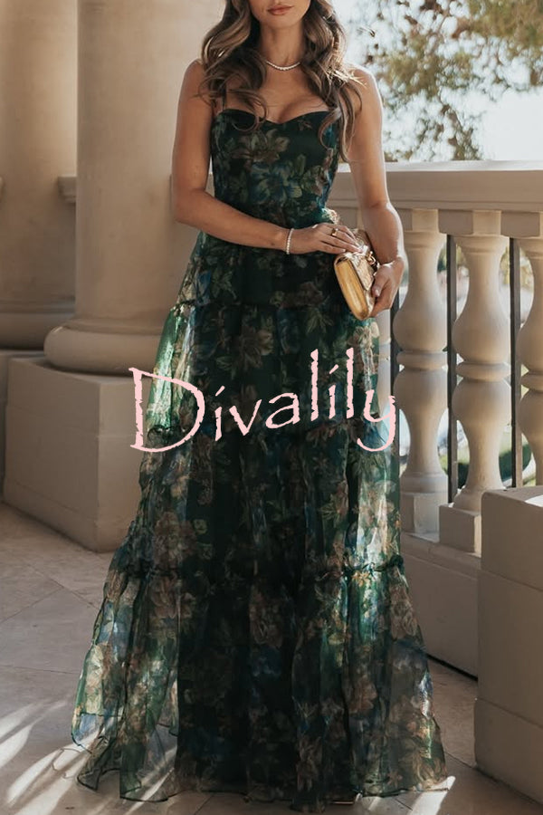Exclusive Glamour Organza Floral Print Tiered Slip Maxi Dress