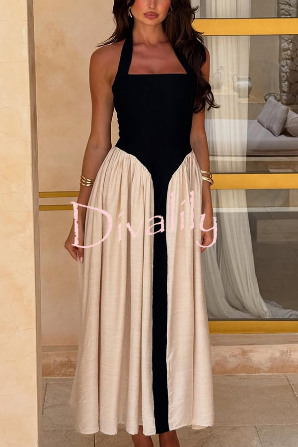 Fashion Contrast Color Stitching Sleeveless Backless Slim Maxi Dress