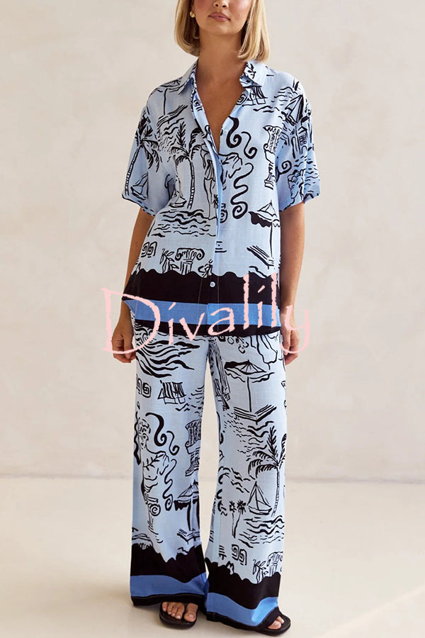 Fashionable Plant Print Loose Lapel Short Sleeve Shirt and Casual Elastic Waist Pocket Pants Set