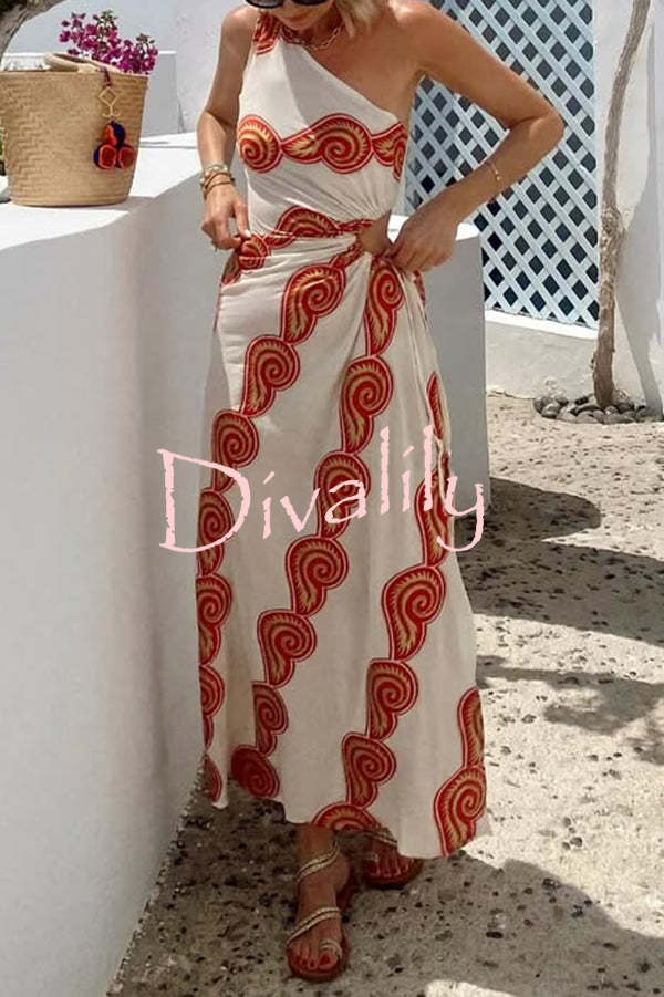 Enjoy A Sunny Linen Blend Shell Print One Shoulder Cutout Waist Tie-up Slit Maxi Dress