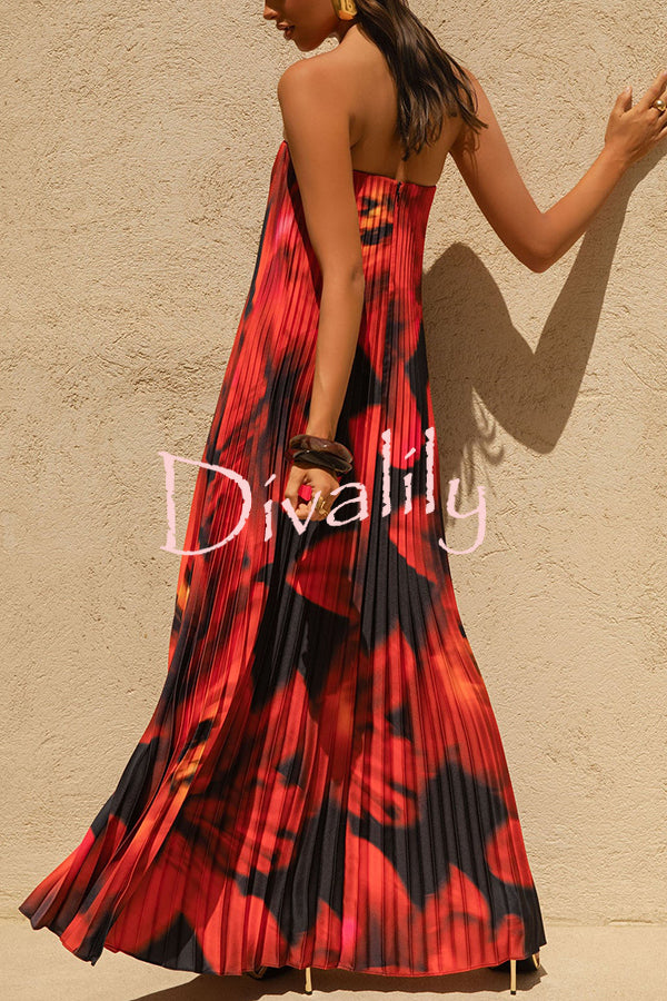 For Every Occasion Satin Pleated Floral Print V-wire Bandeau Neck Maxi Dress