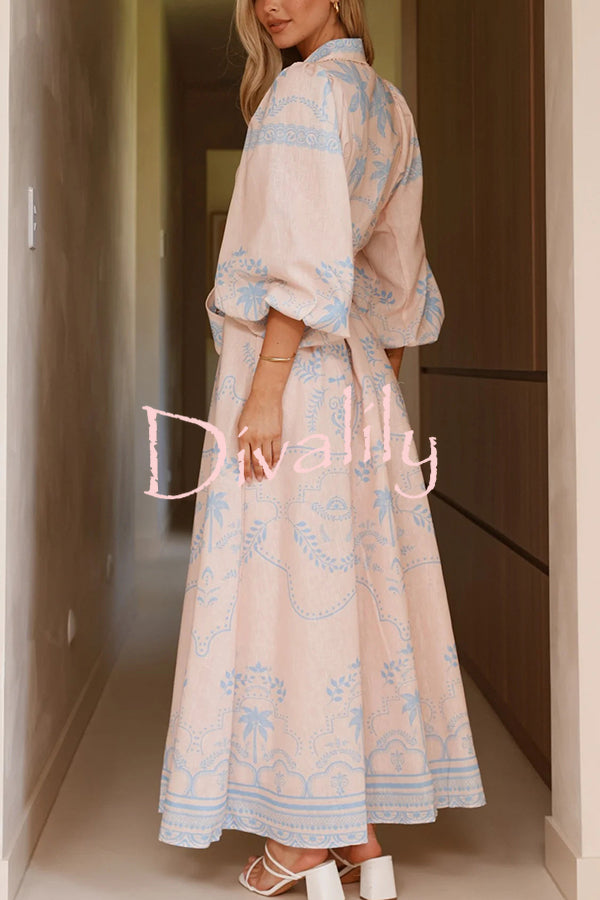 Linen Blend Lapel Puff Sleeve Casual Waist Belted Maxi Dress