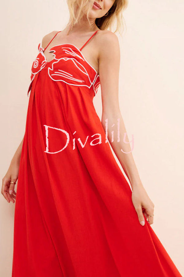 Red Fish Embroidered Sling Backless Maxi Dress