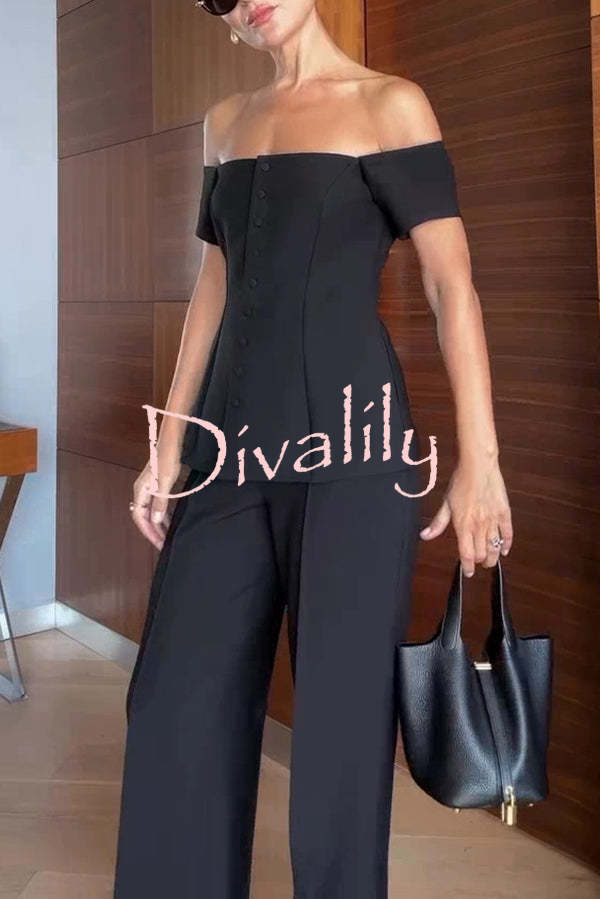 Solid Color Off-the-shoulder Single-breasted Top and Casual Pocket Straight-leg Pants Set