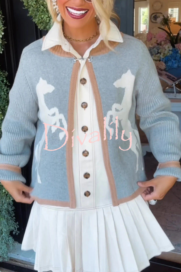 Stylish White Horse Pattern Casual Long-sleeved Knitted Cardigan