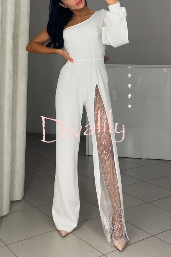 Fashionable Oblique Shoulder One-sleeve Sexy High Slit Slim Jumpsuit