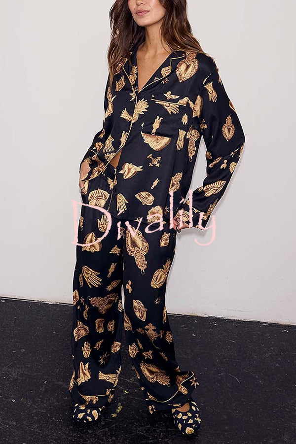 Golden Night Unique Print Color-block Trim Loose Shirt and Elastic Waist Pocketed Pajama Set