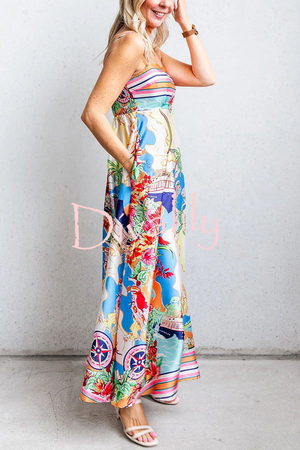 Satin Resort Print Sling Back Pleated Maxi Dress