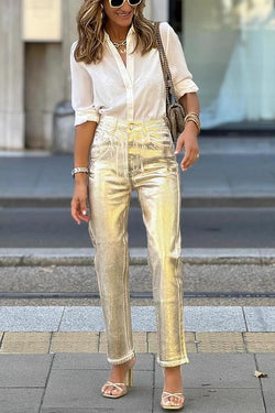 Infinite Ideas Retro Metallic Fabric High Waist Pocketed Straight Pants